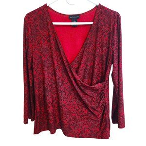 Rafaella Red with Black Print Wrap & Ruched Front V-Neck Blouse Size L